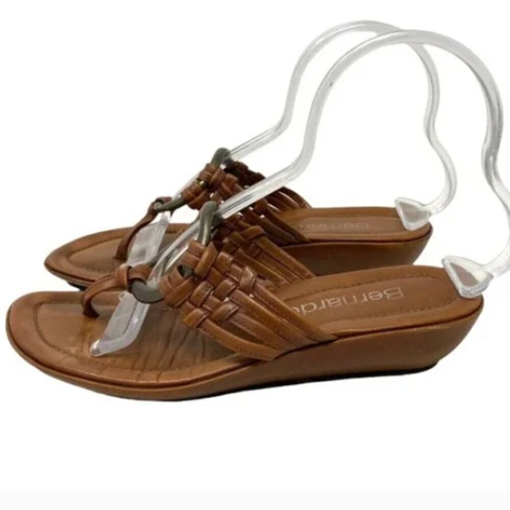 Bernardo Brown Leather Metallic Ring Wedge Thong Sandals - Size 7 - Picture 2 of 7